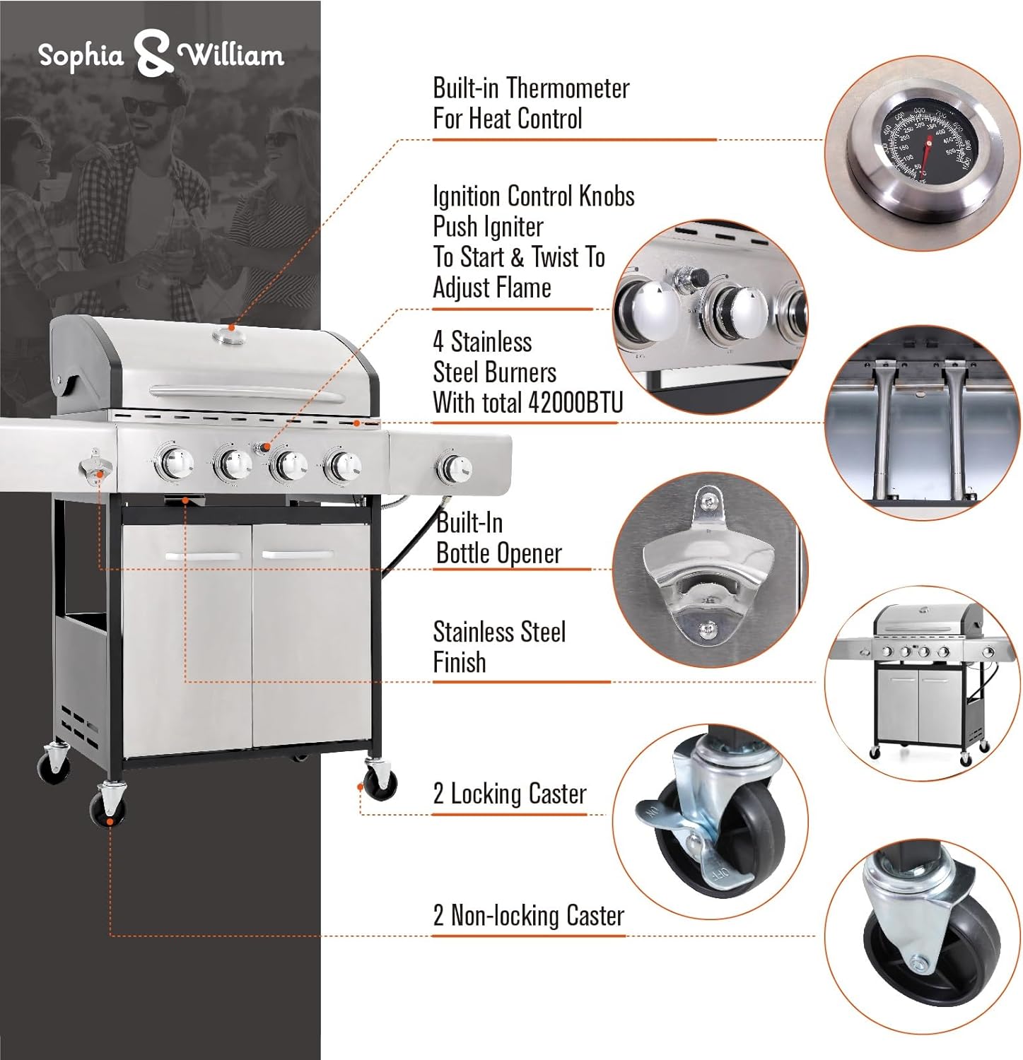 Burner Gas grill with side burner and enameled cast iron grille 42,000BTU outdoor cooking stainless steel propane grill Garden grill, silver