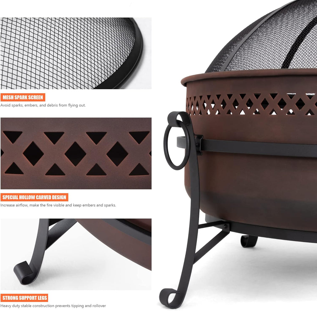SUNCREAT 42” Patio Fire Pit Wood Burning with Mesh Spark Screen, Bonfire Outdoor firepit with Fireplace Poker, Black