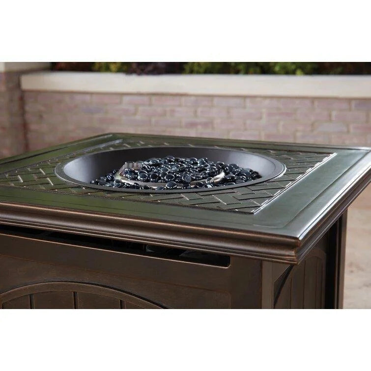 5-Piece Steel Patio Fire Pit Conversation Set with Navy Blue Cushions, Swivel Gliders and Square Fire Pit Table